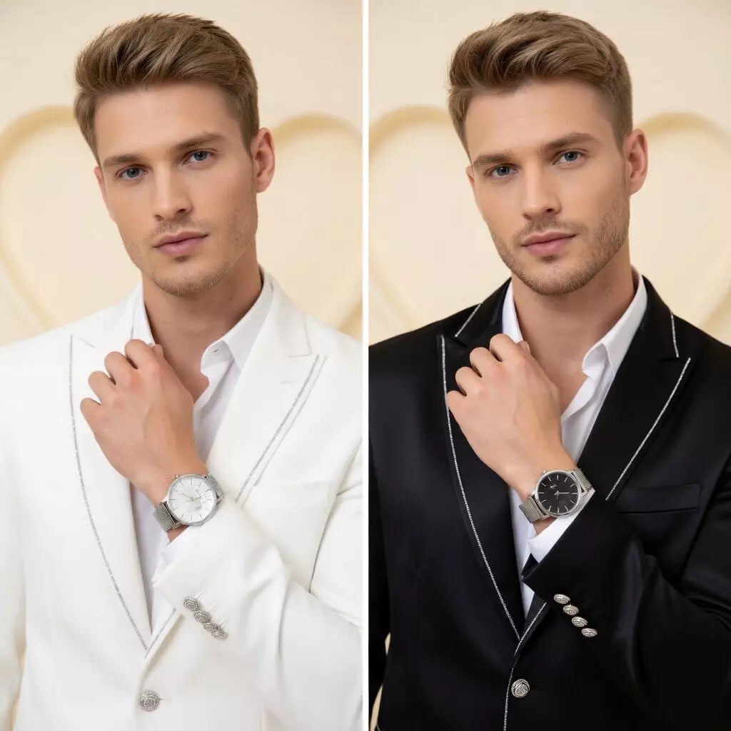 Kit 2 Relógios Minimalistas Unissex Aço Inoxidável Pulseira Mesh Preto e Branco
